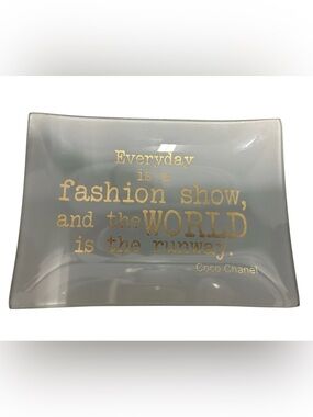 Coco Chanel Quote Glass Trinket Tray in Gray with Gold Lettering
